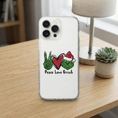 Peace Love Grinch Glitter Clear Case for iPhone | Funny Christmas Holiday Phone Cover