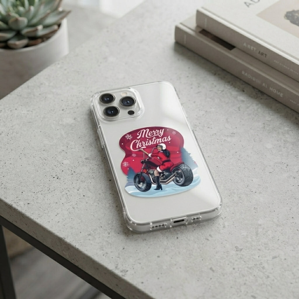 Merry Christmas Biker Santa Girl Clear Case for iPhone | Festive Motorcycle Holiday Cover
