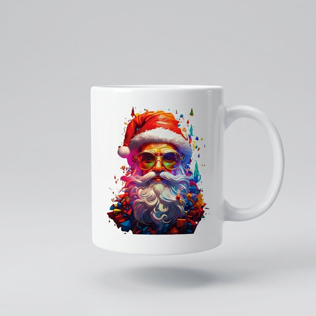 Cool Santa Claus with Sunglasses Coffee Mug 11oz - Colorful Pop Art Santa White Ceramic Tea Cup - Modern Holiday Christmas Gift