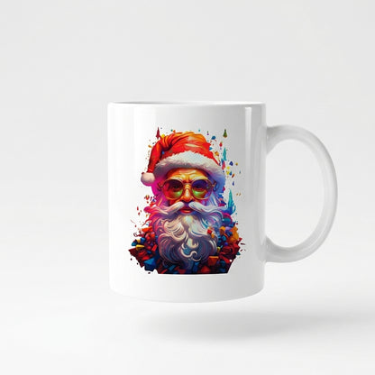 Cool Santa Claus with Sunglasses Coffee Mug 11oz - Colorful Pop Art Santa White Ceramic Tea Cup - Modern Holiday Christmas Gift