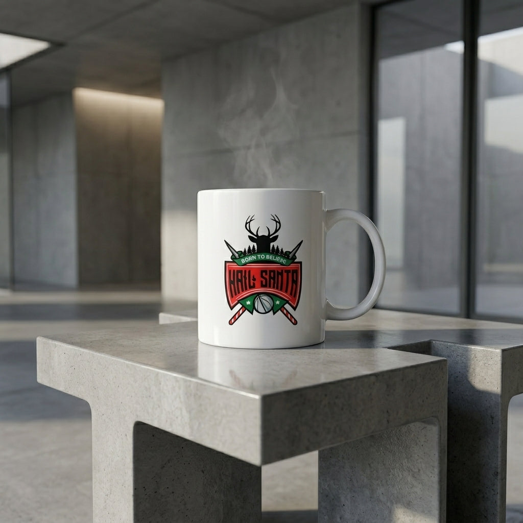 Funny "Hail Santa" Christmas Coffee Mug 11oz - "Born To Believe" Reindeer Crest White Ceramic Tea Cup - Novelty Holiday Gift