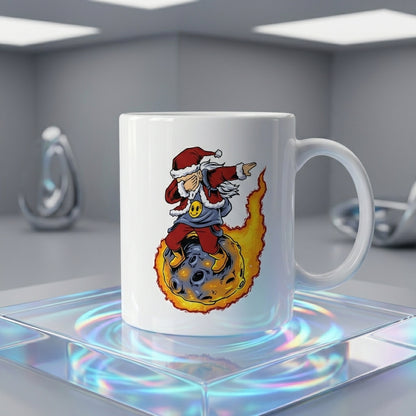 Funny Dabbing Santa Riding Meteor Coffee Mug 11oz - Space Fireball Christmas Ceramic Tea Cup - Novelty Holiday Gift
