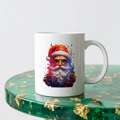 Cool Santa Claus with Sunglasses Coffee Mug 11oz - Colorful Pop Art Santa White Ceramic Tea Cup - Modern Holiday Christmas Gift