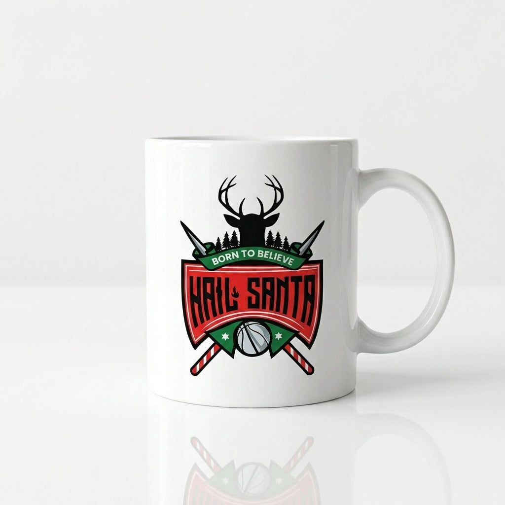 Funny "Hail Santa" Christmas Coffee Mug 11oz - "Born To Believe" Reindeer Crest White Ceramic Tea Cup - Novelty Holiday Gift