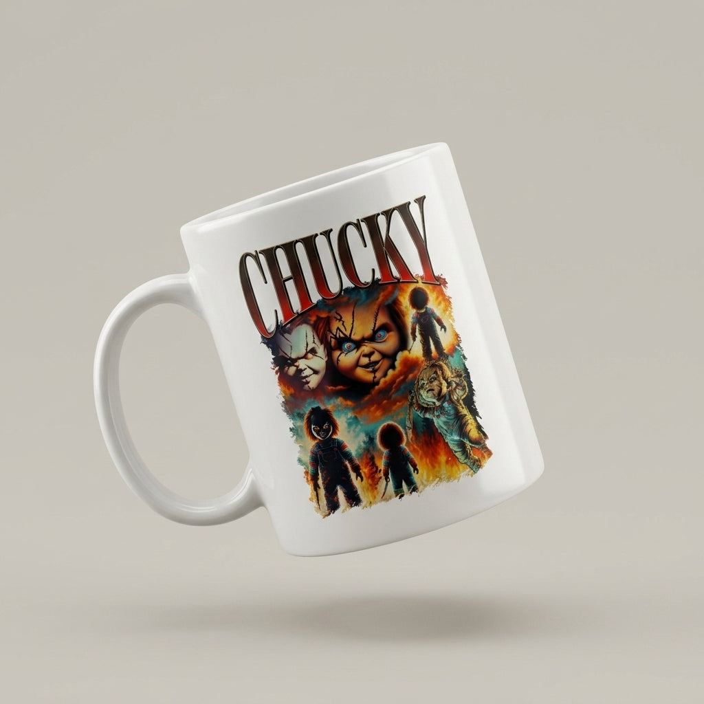 Chucky Child's Play Vintage Horror Movie Collage White Ceramic Mug - Spooky Killer Doll Halloween Coffee Cup (11oz)