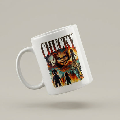 Chucky Child's Play Vintage Horror Movie Collage White Ceramic Mug - Spooky Killer Doll Halloween Coffee Cup (11oz)
