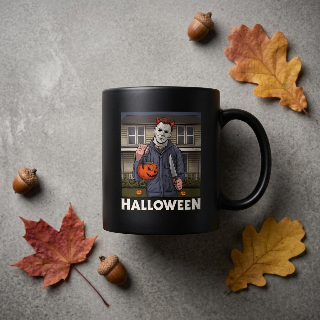 Michael Myers Trick or Treat Halloween Graphic Black Ceramic Mug - Funny Spooky Horror Movie Coffee Cup (11oz)