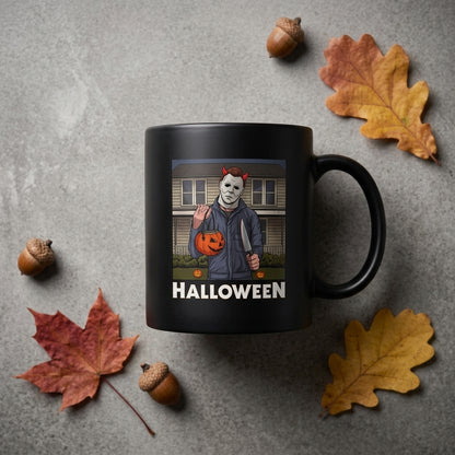 Michael Myers Trick or Treat Halloween Graphic Black Ceramic Mug - Funny Spooky Horror Movie Coffee Cup (11oz)