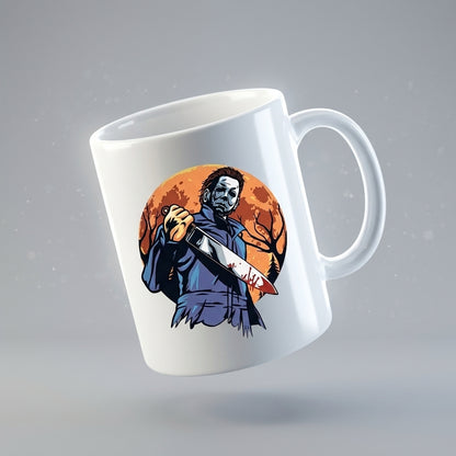 Michael Myers Bloody Knife Full Moon Halloween Graphic White Ceramic Mug - Spooky Slasher Horror Coffee Cup (11oz)
