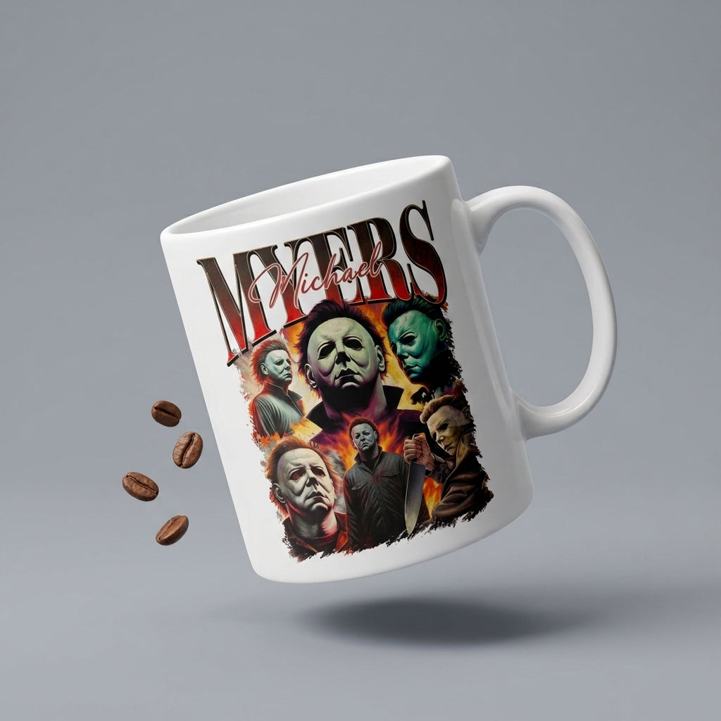 Michael Myers Vintage Bootleg Rap-Style Horror Collage White Ceramic Mug - Spooky Slasher Halloween Coffee Cup (11oz)