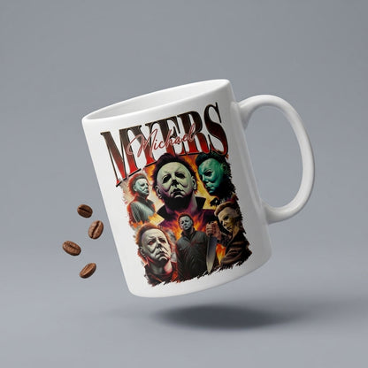 Michael Myers Vintage Bootleg Rap-Style Horror Collage White Ceramic Mug - Spooky Slasher Halloween Coffee Cup (11oz)