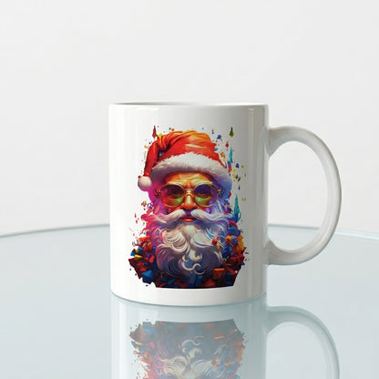 Cool Santa Claus with Sunglasses Coffee Mug 11oz - Colorful Pop Art Santa White Ceramic Tea Cup - Modern Holiday Christmas Gift