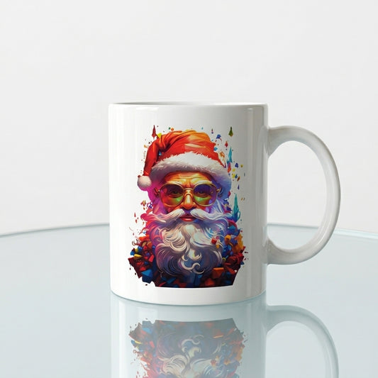 Cool Santa Claus with Sunglasses Coffee Mug 11oz - Colorful Pop Art Santa White Ceramic Tea Cup - Modern Holiday Christmas Gift