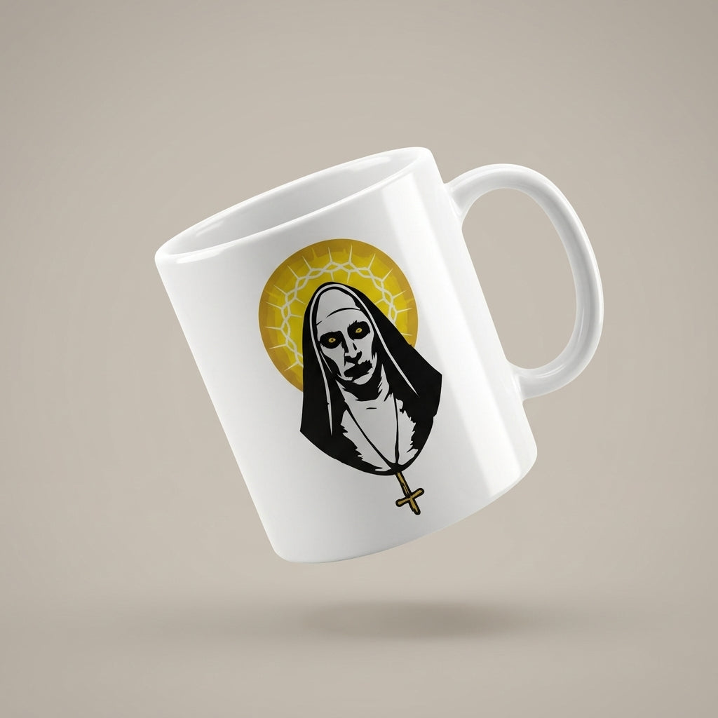 The Nun Valak Spooky Golden Halo Graphic White Ceramic Mug - Creepy Conjuring Horror Movie Coffee Cup (11oz)