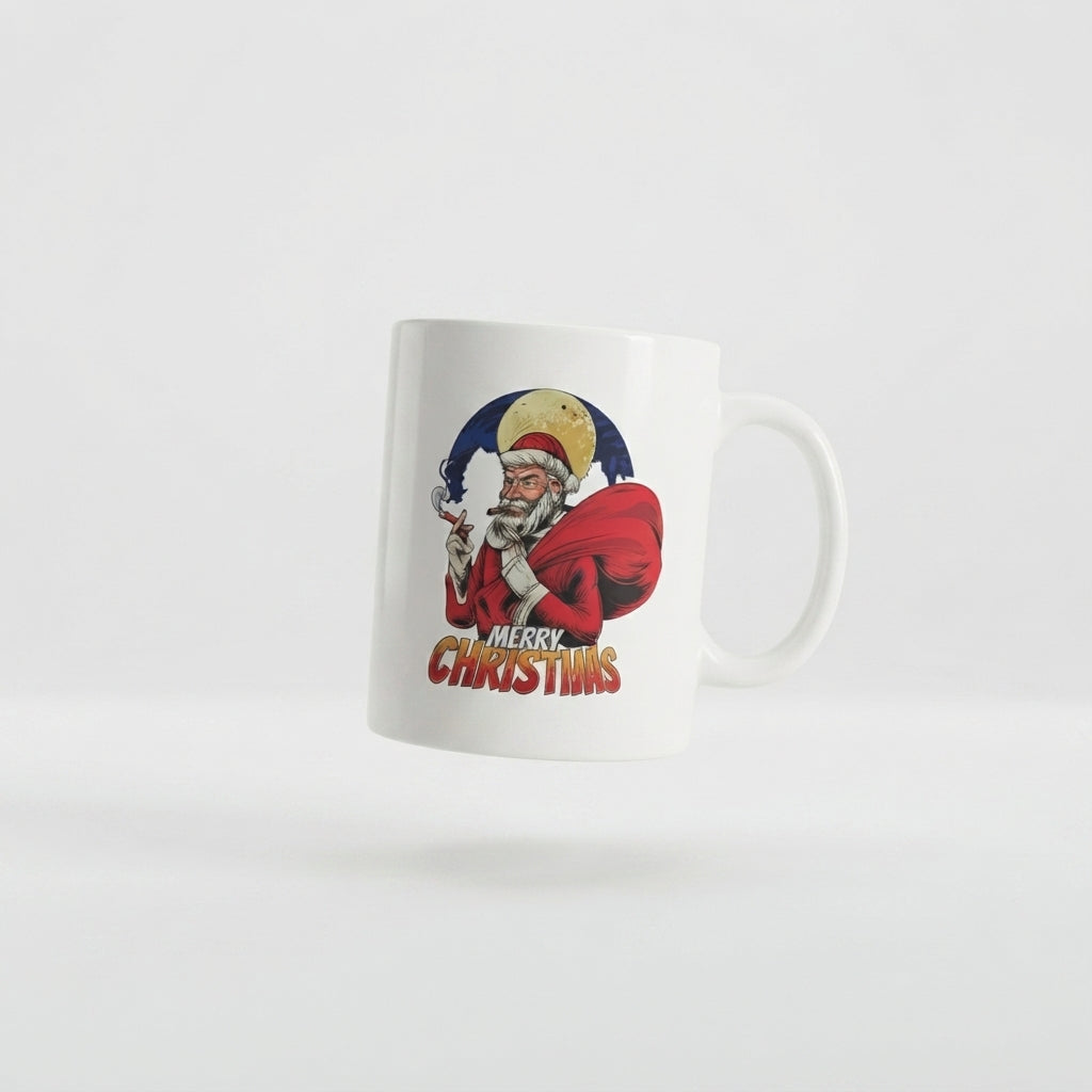 Cool Badass Santa Christmas Coffee Mug - Smoking Santa Claus White Ceramic Tea Cup - Funny Vintage Holiday Gift