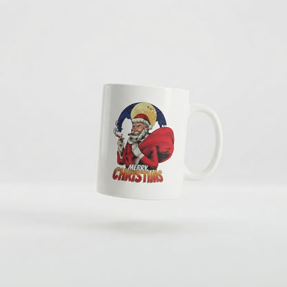 Cool Badass Santa Christmas Coffee Mug - Smoking Santa Claus White Ceramic Tea Cup - Funny Vintage Holiday Gift