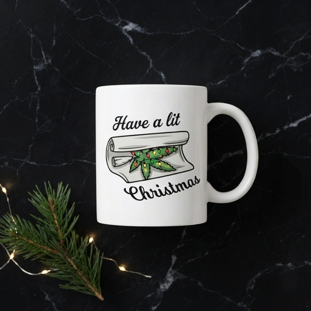Funny Weed Christmas Coffee Mug - "Have A Lit Christmas" Cannabis Leaf White Ceramic Tea Cup - Holiday Stoner Gift