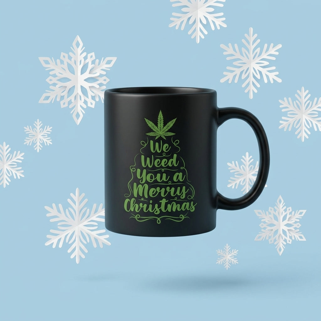 We Weed You A Merry Christmas Tree Graphic Black Ceramic Mug - Funny Holiday Stoner Coffee Cup (11oz)