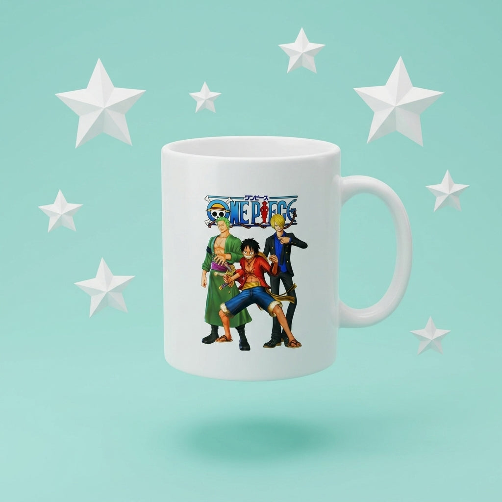 One Piece Monster Trio Luffy Zoro Sanji Graphic White Ceramic Mug - Straw Hat Pirates Anime Coffee Cup (11oz)