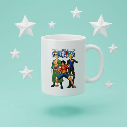 One Piece Monster Trio Luffy Zoro Sanji Graphic White Ceramic Mug - Straw Hat Pirates Anime Coffee Cup (11oz)