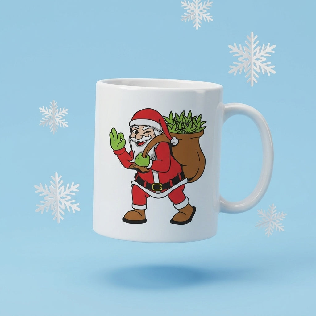 Funny Weed Santa Claus Carrying Cannabis Bag White Ceramic Mug - Ugly Christmas Sweater Stoner Coffee Cup (11oz)