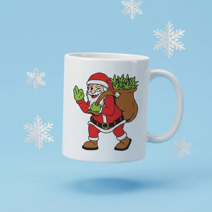 Funny Weed Santa Claus Carrying Cannabis Bag White Ceramic Mug - Ugly Christmas Sweater Stoner Coffee Cup (11oz)