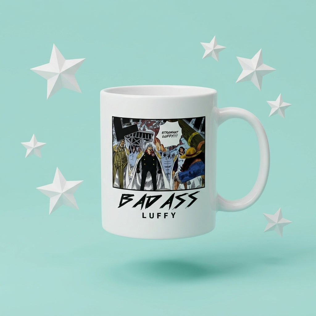 One Piece Badass Luffy Marineford Manga Panel White Ceramic Mug - Anime Straw Hat Pirates Coffee Cup (11oz)