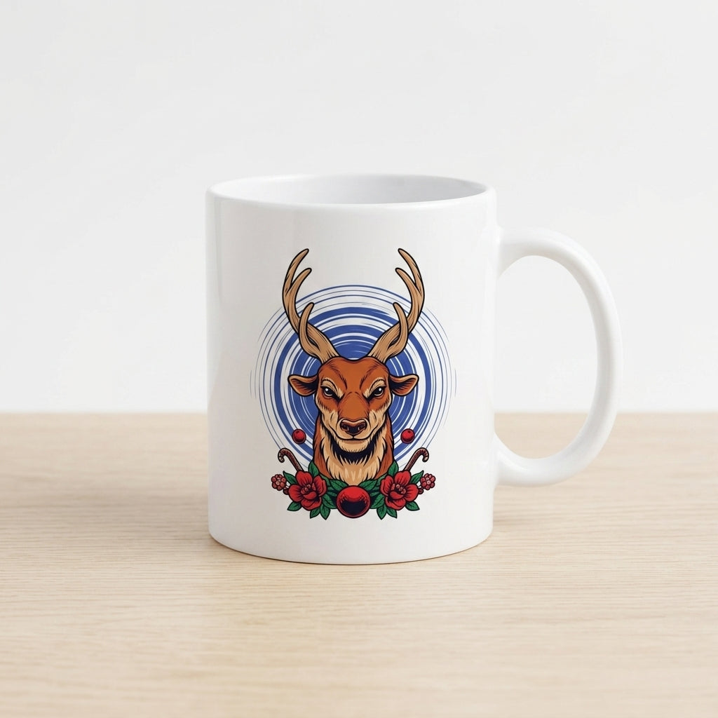 Majestic Reindeer Antlers Floral Christmas Coffee Mug 11oz - White Ceramic Tea Cup