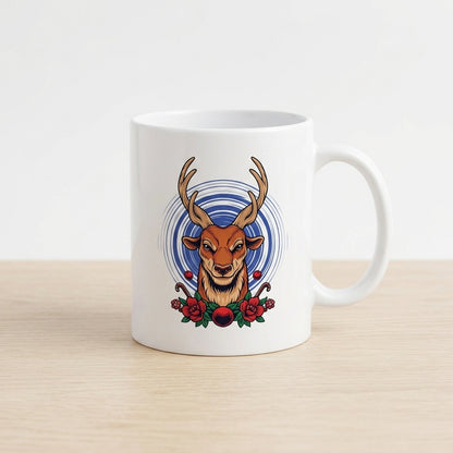 Majestic Reindeer Antlers Floral Christmas Coffee Mug 11oz - White Ceramic Tea Cup
