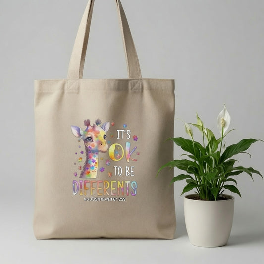 It's OK To Be Different Autism Awareness Giraffe Canvas Tote Bag – Colorful Puzzle Piece Tote