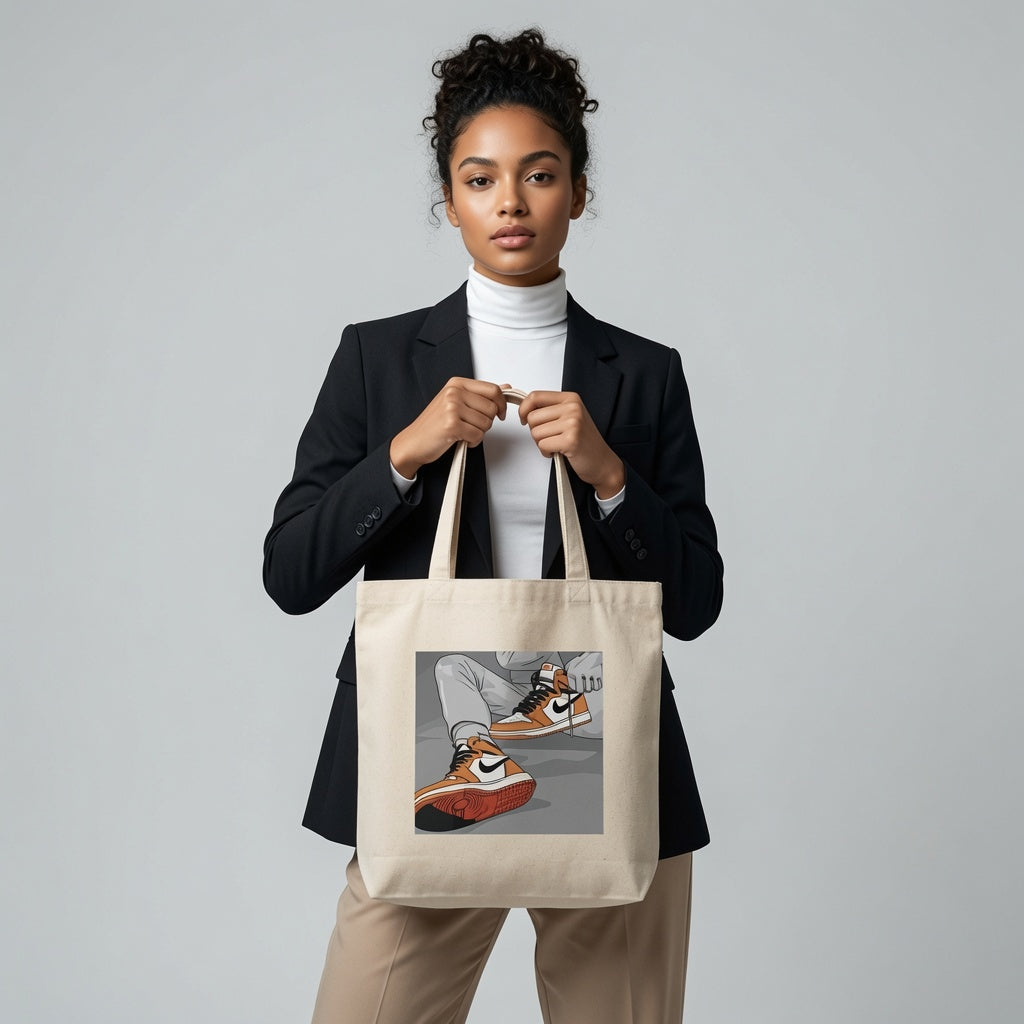 Orange High-Top Sneaker Illustrated Graphic Canvas Tote Bag - Anime Style Streetwear Shoulder Bag