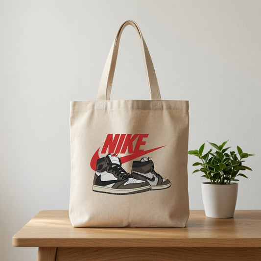Mocha Reverse Swoosh High-Top Graphic Canvas Tote Bag - Classic Streetwear Canvas Shoulder Bag