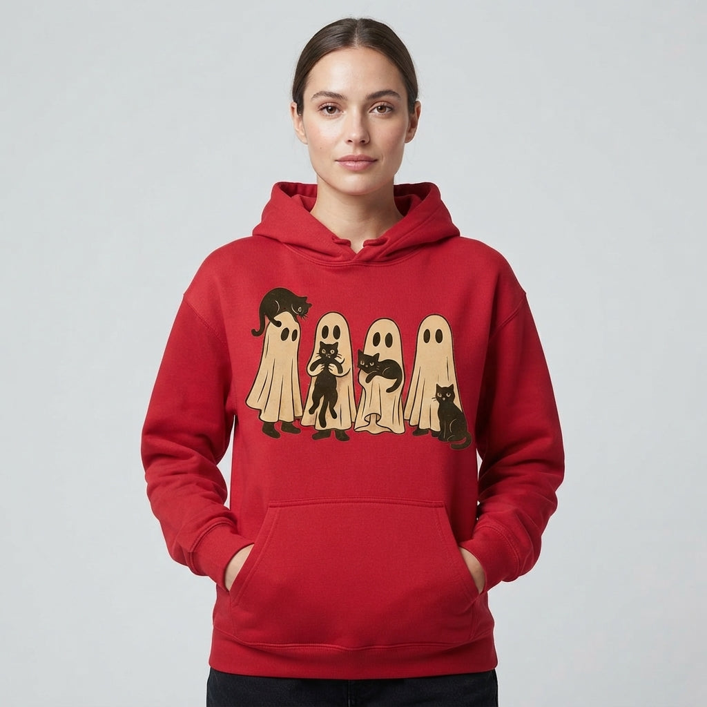 Spooky Ghost Sheet Black Cats Halloween Graphic Pullover Hoodie