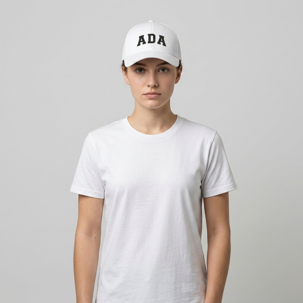 ADA Varsity Lettering Graphic Baseball Cap - Minimalist Trendy Streetwear Cap (White)