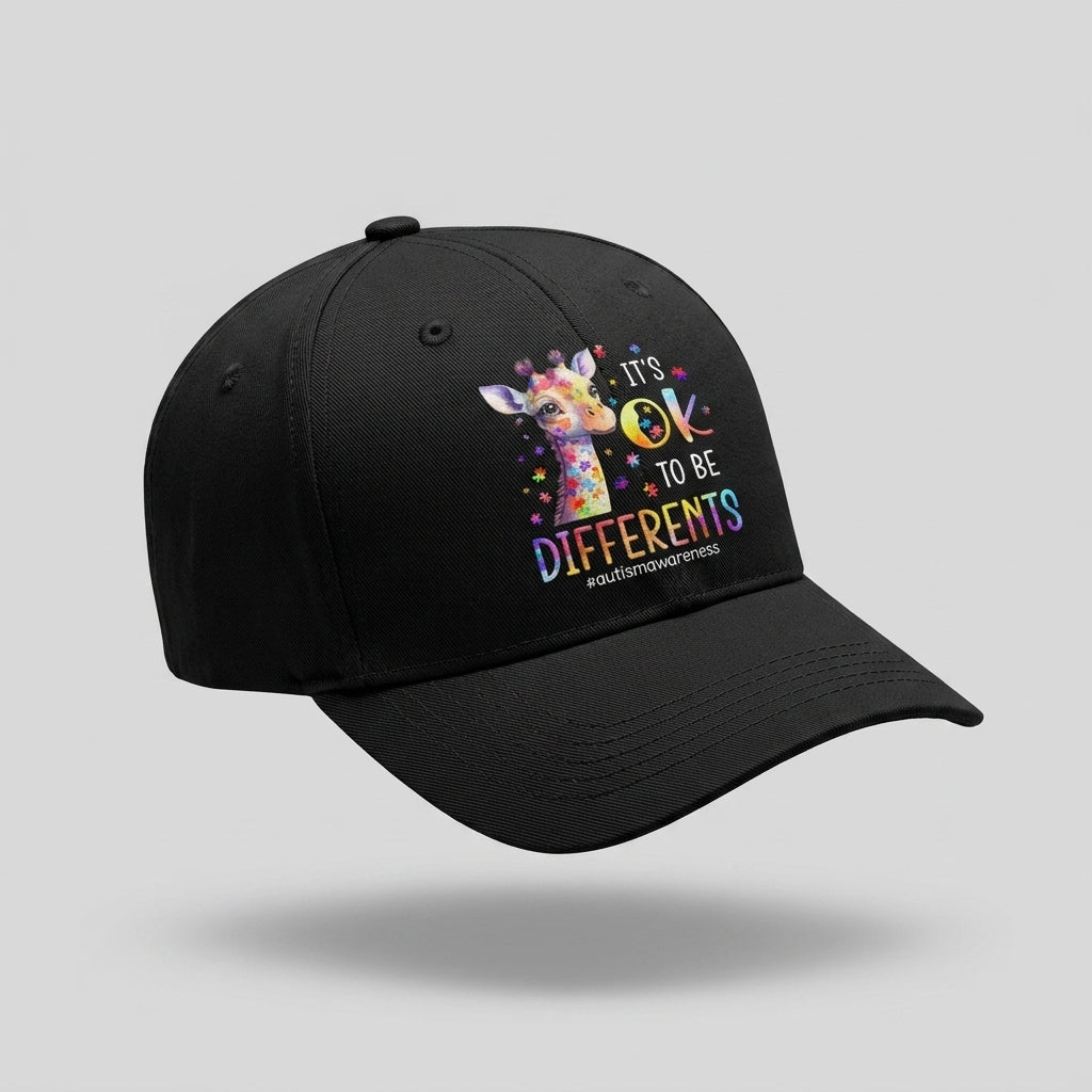 Autism Awareness It's OK To Be Different Colorful Giraffe Baseball Cap (Black)