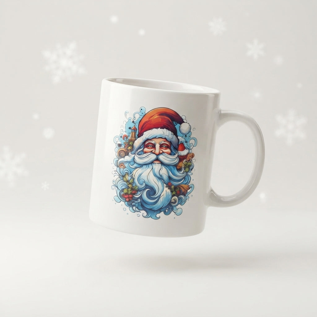 Artistic Santa Claus Christmas Coffee Mug - Illustrated Swirl Art White Ceramic Tea Cup - Holiday Gift for Christmas Lovers