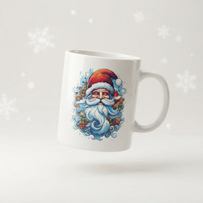 Artistic Santa Claus Christmas Coffee Mug - Illustrated Swirl Art White Ceramic Tea Cup - Holiday Gift for Christmas Lovers