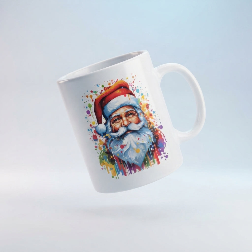 Colorful Santa Claus Christmas Coffee Mug - Rainbow Watercolor Paint Splash Ceramic White Tea Cup - Artistic Holiday Gift