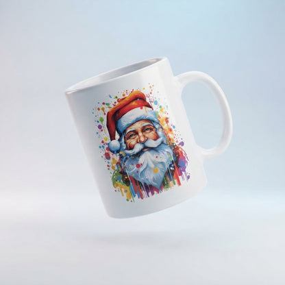 Colorful Santa Claus Christmas Coffee Mug - Rainbow Watercolor Paint Splash Ceramic White Tea Cup - Artistic Holiday Gift