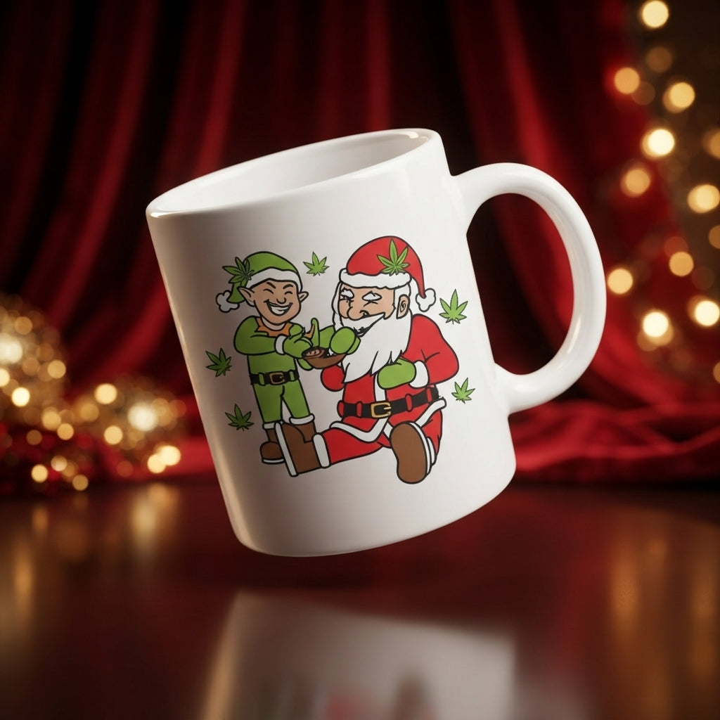 Funny Weed Santa & Elf Christmas Coffee Mug 11oz - Cannabis Leaf White Ceramic Tea Cup - Holiday Stoner Gift
