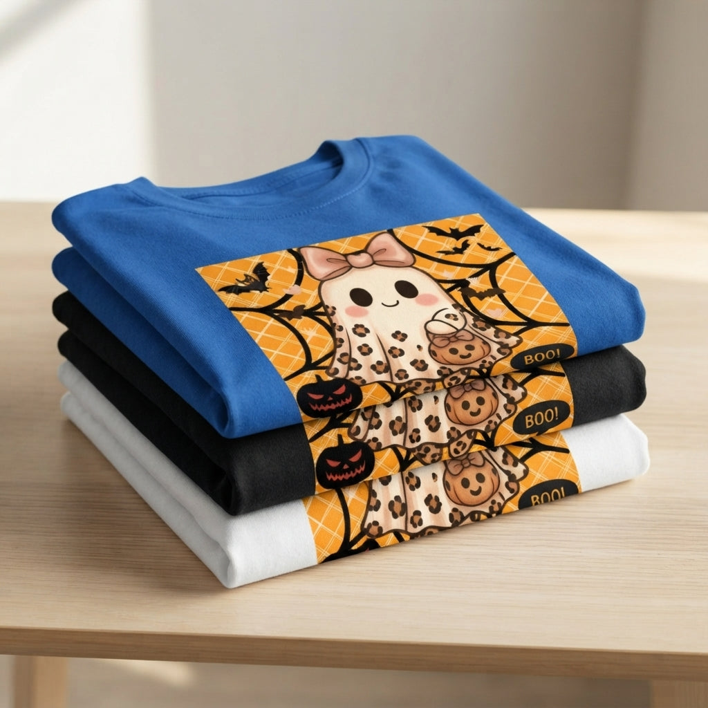 Cute Leopard Ghost Halloween T-Shirt – Coquette Bow Spooky Graphic Tee