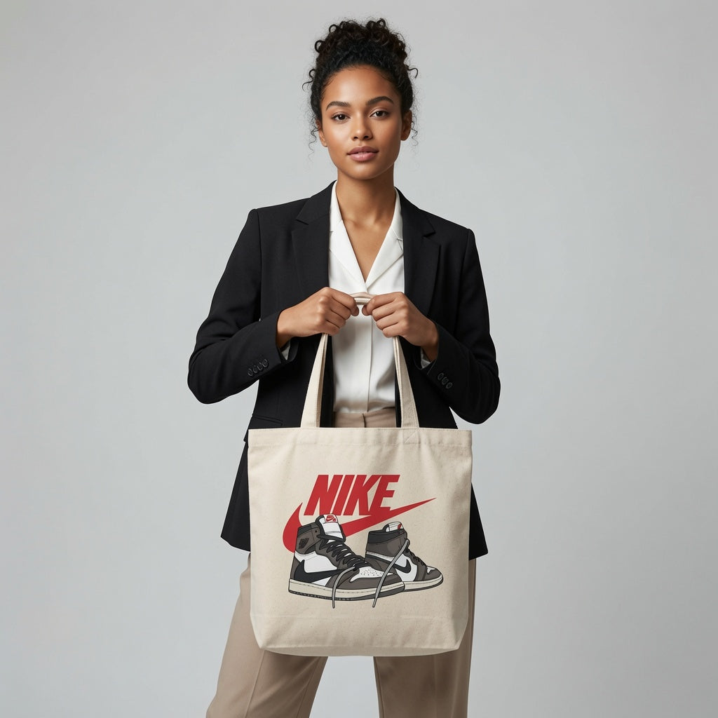 Retro Mocha High-Top Sneaker Pair Red Nike Swoosh Cotton Canvas Tote Bag
