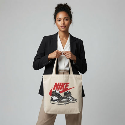 Retro Mocha High-Top Sneaker Pair Red Nike Swoosh Cotton Canvas Tote Bag