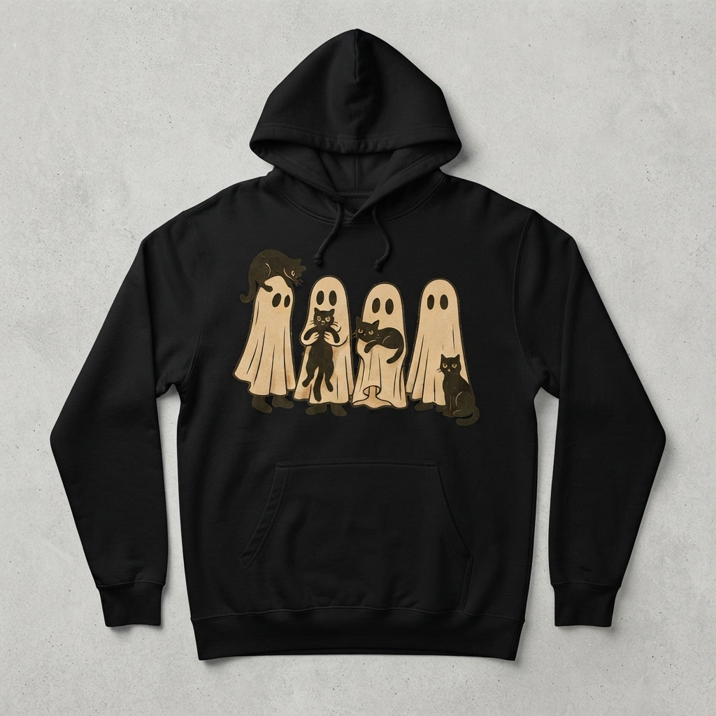 Retro Sheet Ghost & Black Cat Hoodie – Cozy Vintage Halloween Pullover