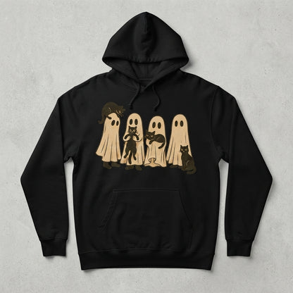 Retro Sheet Ghost & Black Cat Hoodie – Cozy Vintage Halloween Pullover