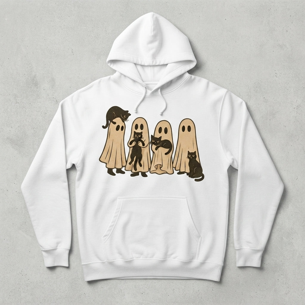 Retro Sheet Ghost & Black Cat Hoodie – Cozy Vintage Halloween Pullover