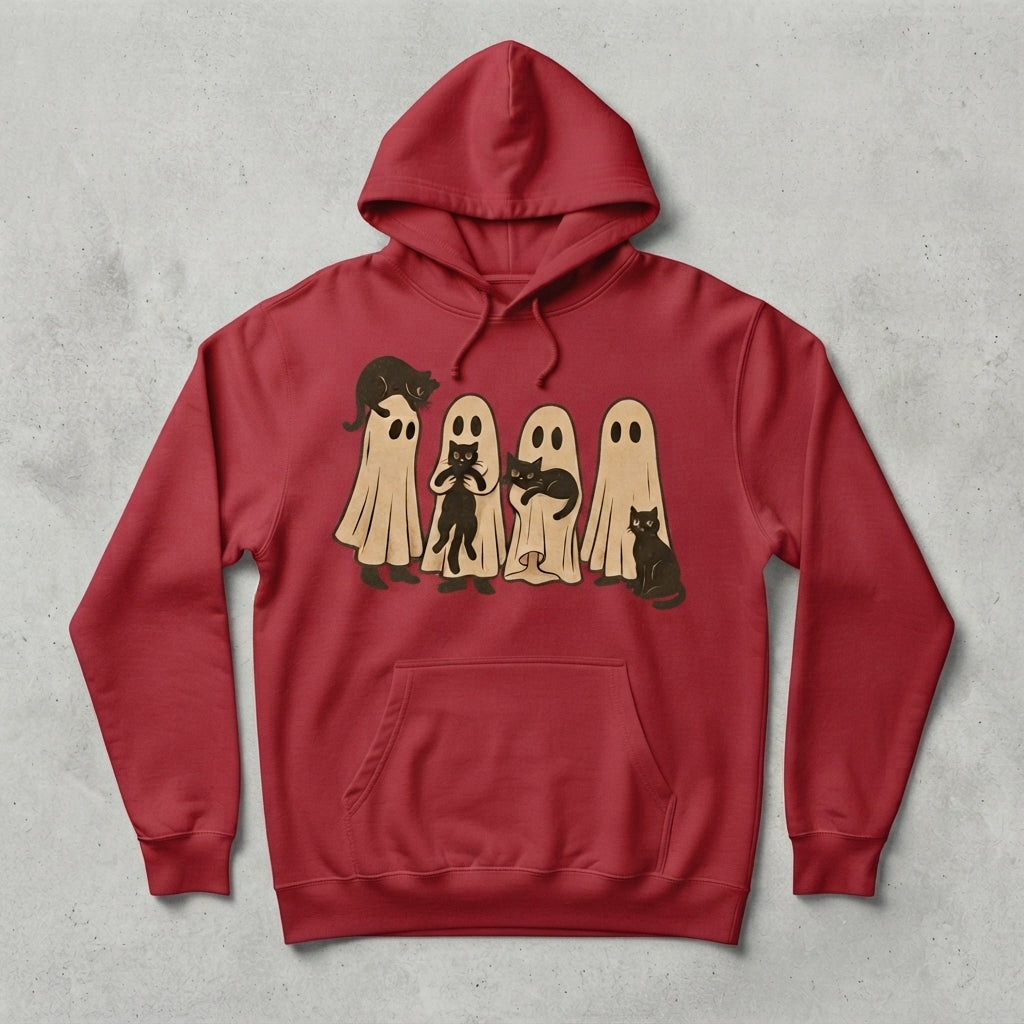 Retro Sheet Ghost & Black Cat Hoodie – Cozy Vintage Halloween Pullover