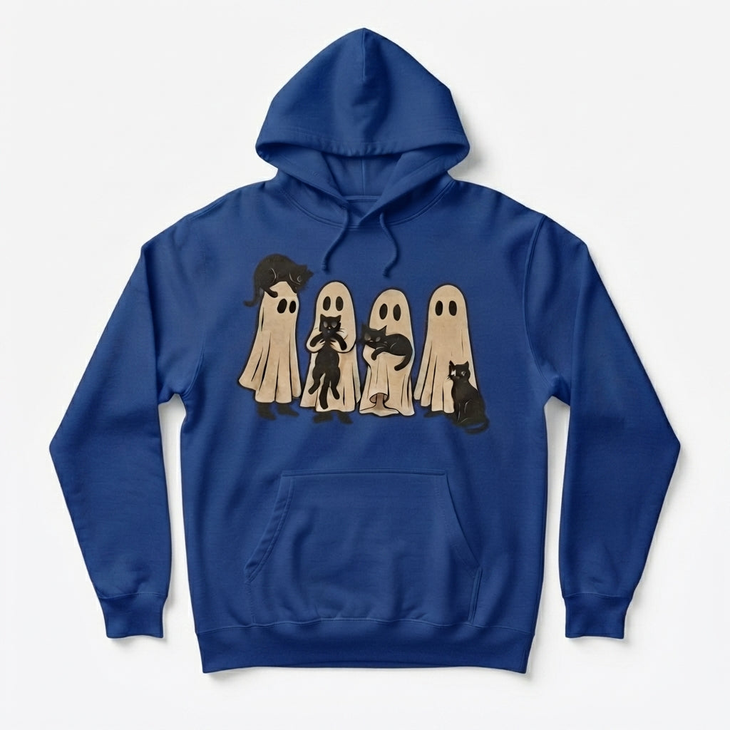 Retro Sheet Ghost & Black Cat Hoodie – Cozy Vintage Halloween Pullover