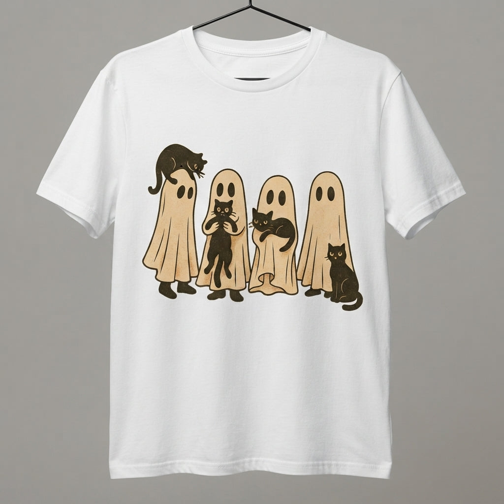 Ghosts and Black Cats T-Shirt – Vintage Spooky Halloween Graphic Tee