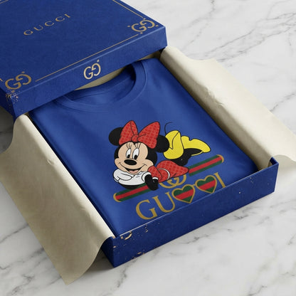Cute Lying Minnie Mouse in Red Polka Dot Bow Graphic T-Shirt - Unisex Premium Cotton Streetwear Tee (White, Blue | XS to 4XL)